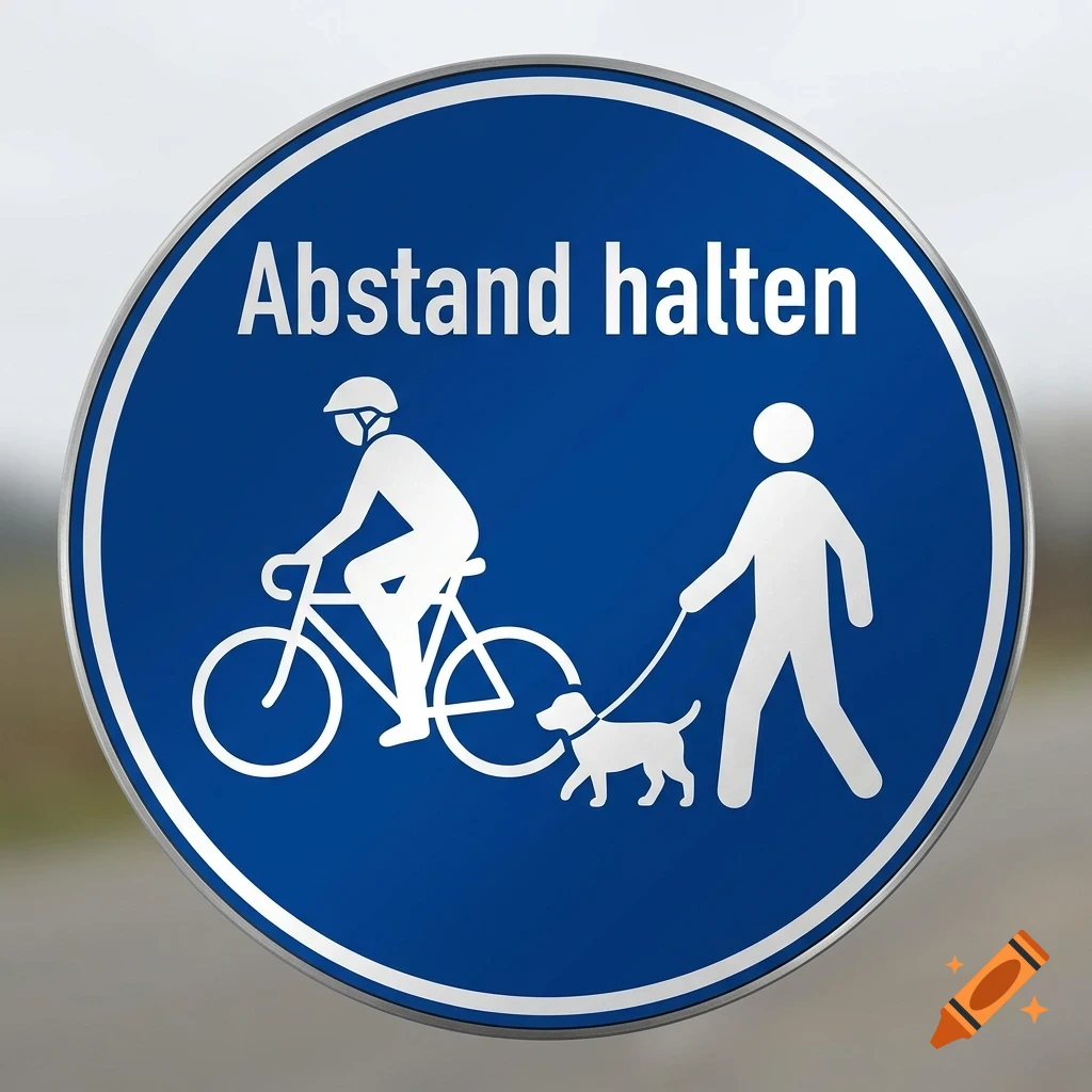 A circular blue sign featuring white graphic symbols of a cyclist, a person walking a dog, and German text above.
