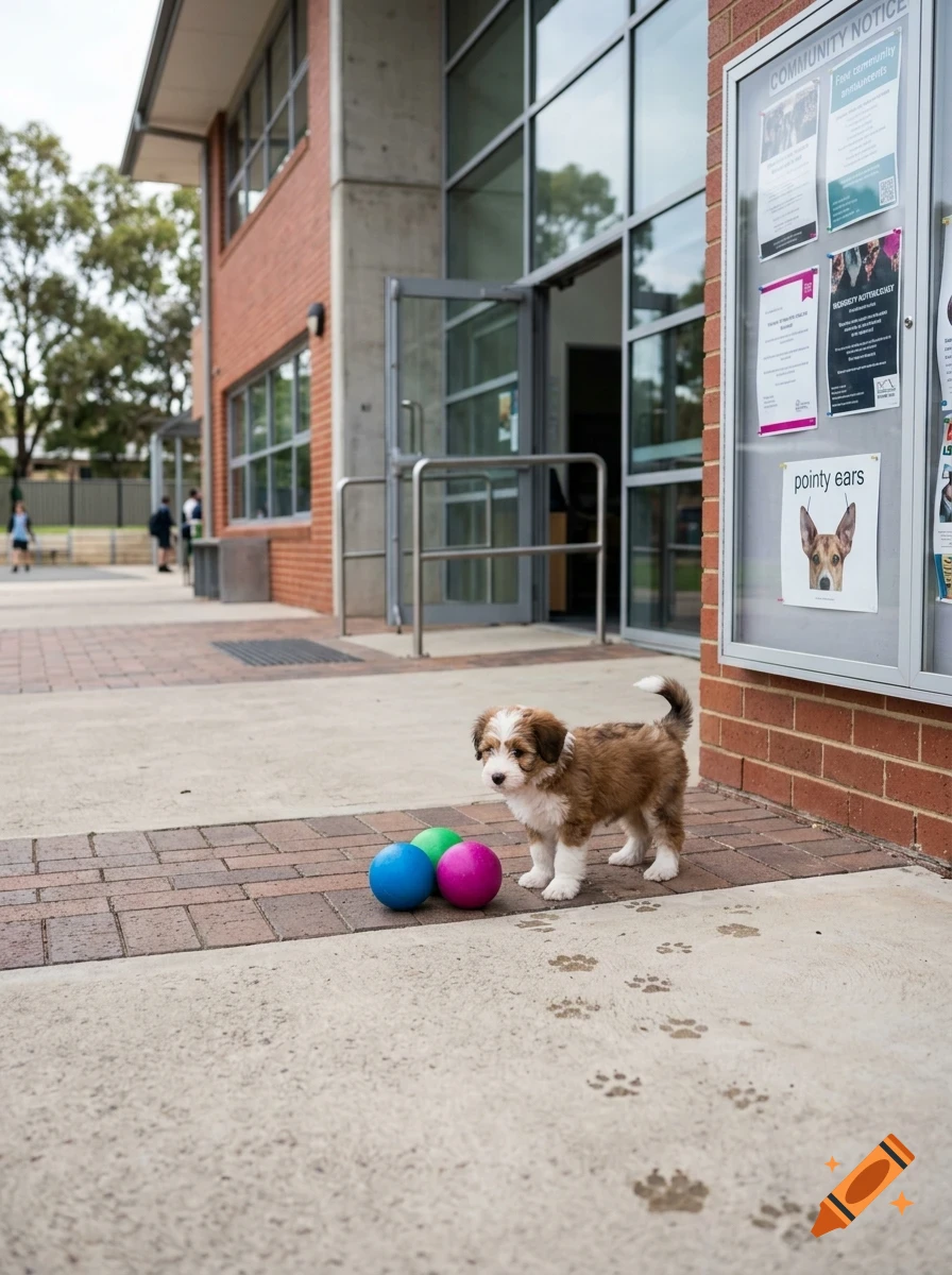 A small brown and white puppy stands near three colorful balls on a brick and concrete walkway outside a modern building, with paw print tracks leading up to it.