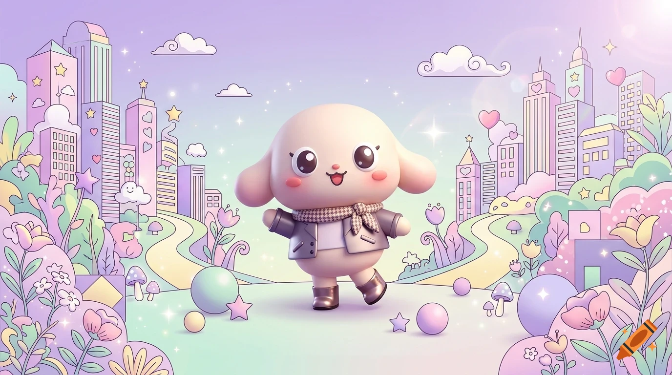 A cute cartoon puppy character wearing a jacket and scarf stands in a whimsical fantasy city with pastel-colored buildings and flowers.