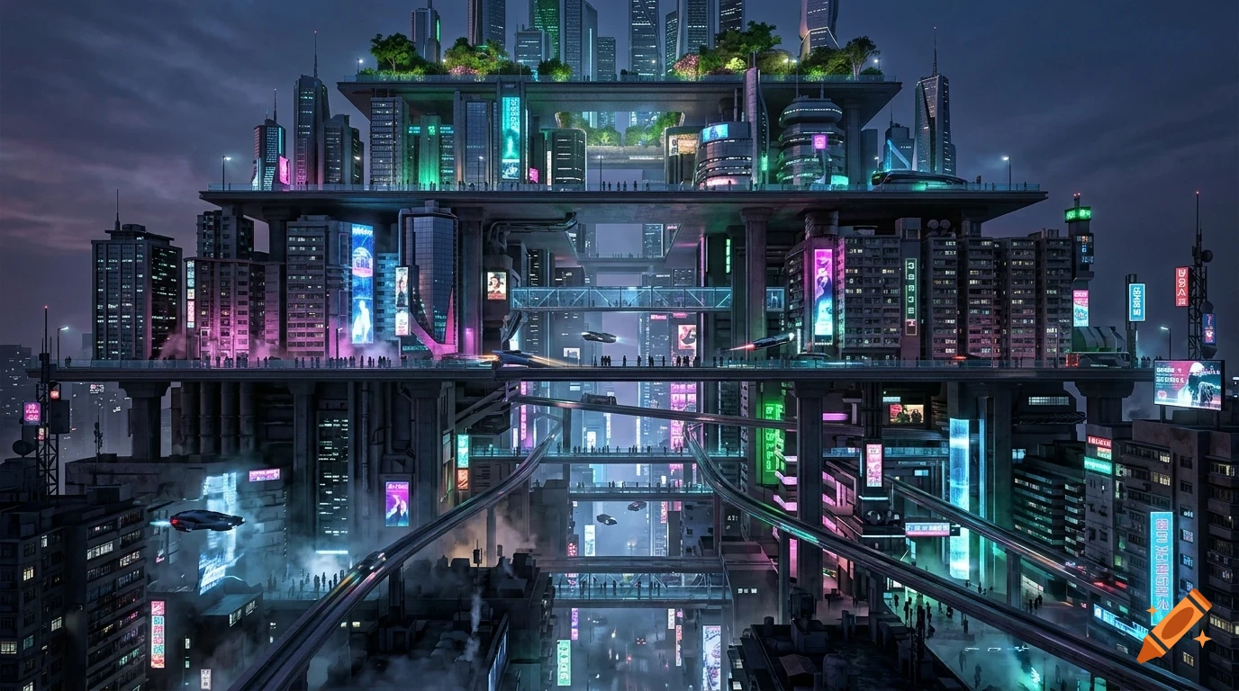 A multi-layered futuristic city at dusk featuring glowing neon lights, towering skyscrapers, skybridges, and flying vehicles.