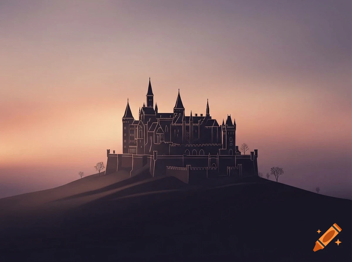 A detailed silhouette of a castle on a hilltop against a gradient sunset sky.