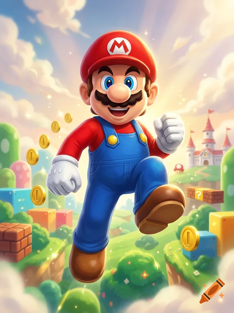 Mario running through a colorful fantasy landscape with gold coins floating in the air, pipe structures, blocks, and a castle in the background under a cloudy sky.