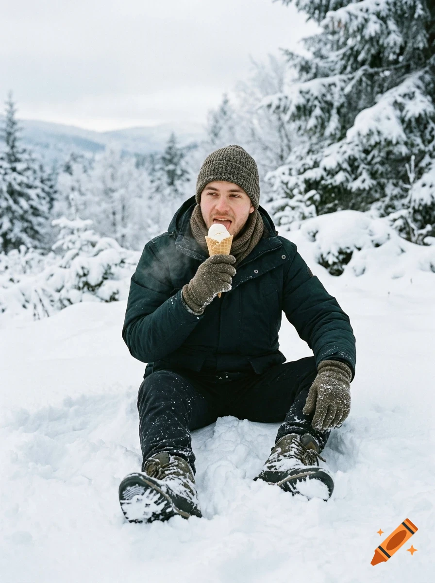 A man sitting in the snow eats an ice cream cone in a winter forest.