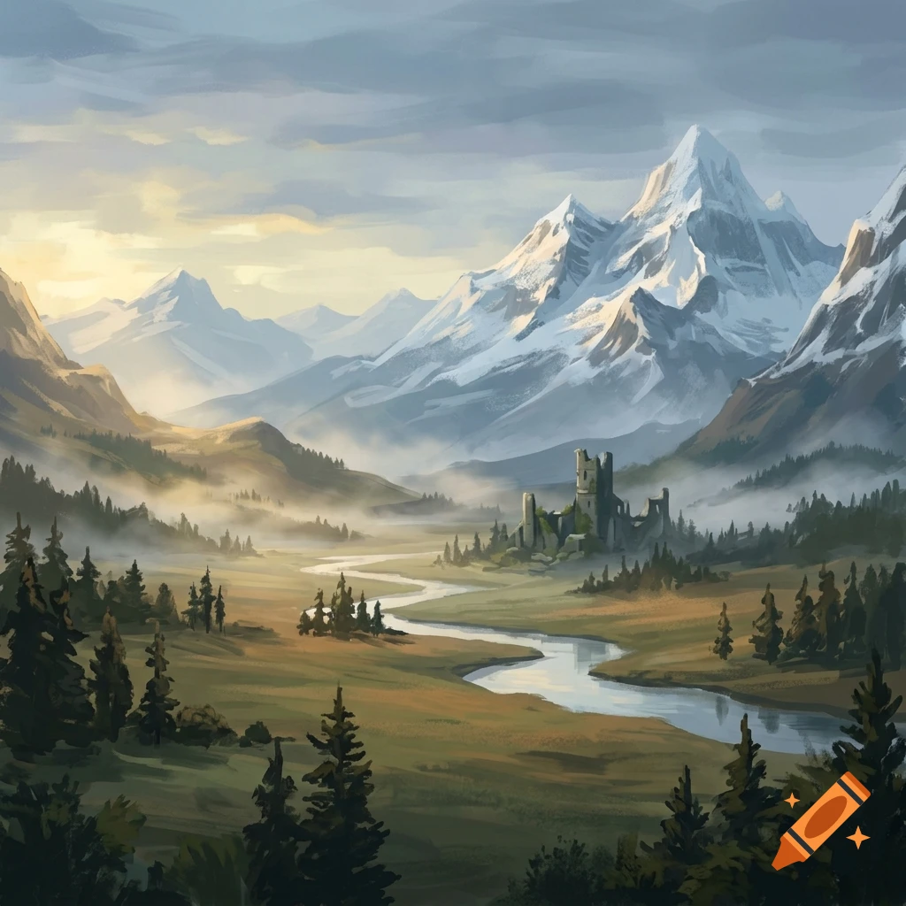 Digital painting of a fantasy mountain landscape with a winding river and a ruined castle in the valley.