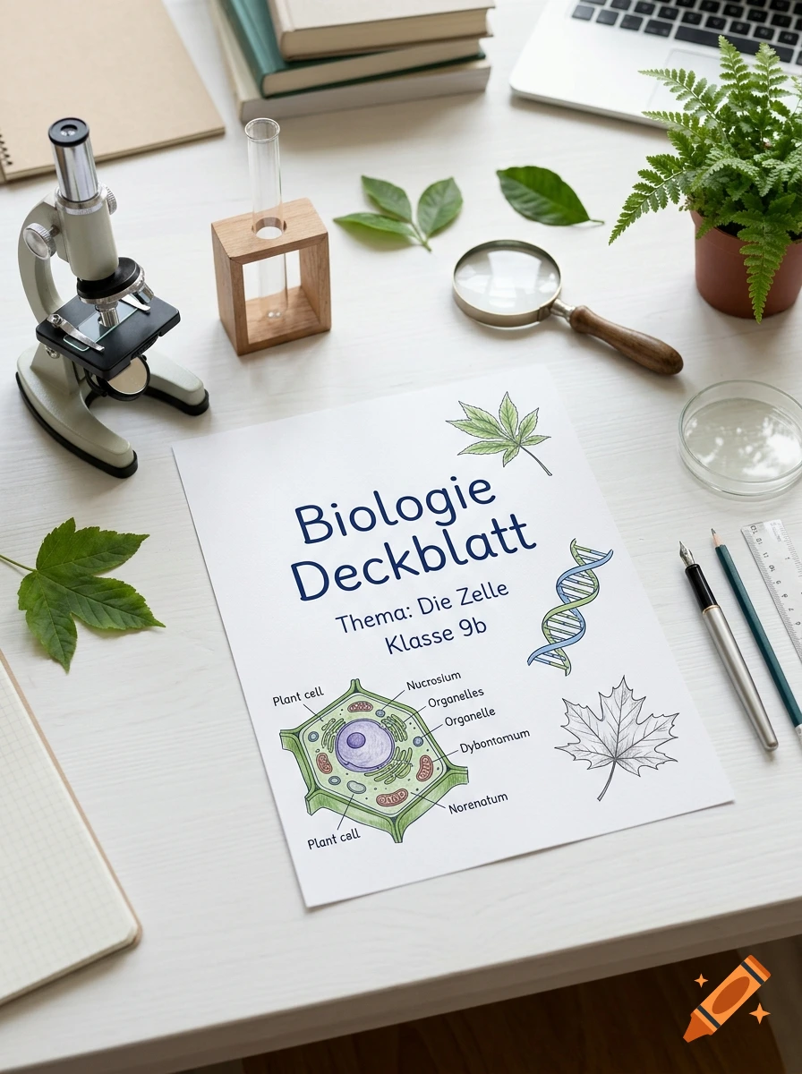 A biology cover page with plant cell diagram, DNA helix, and maple leaves on a white desk with microscope and lab equipment, photo.