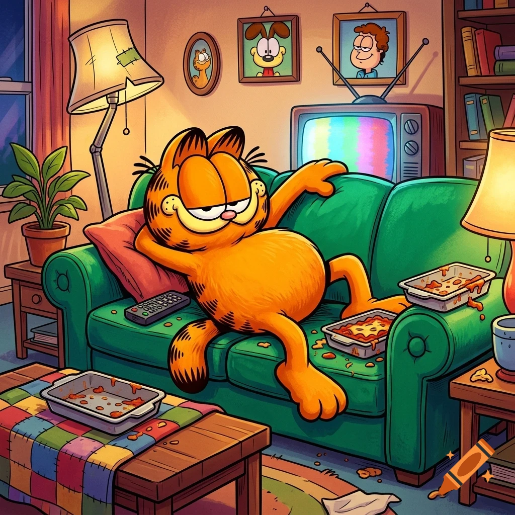 Garfield relaxing on a green couch in a living room, surrounded by empty food trays.
