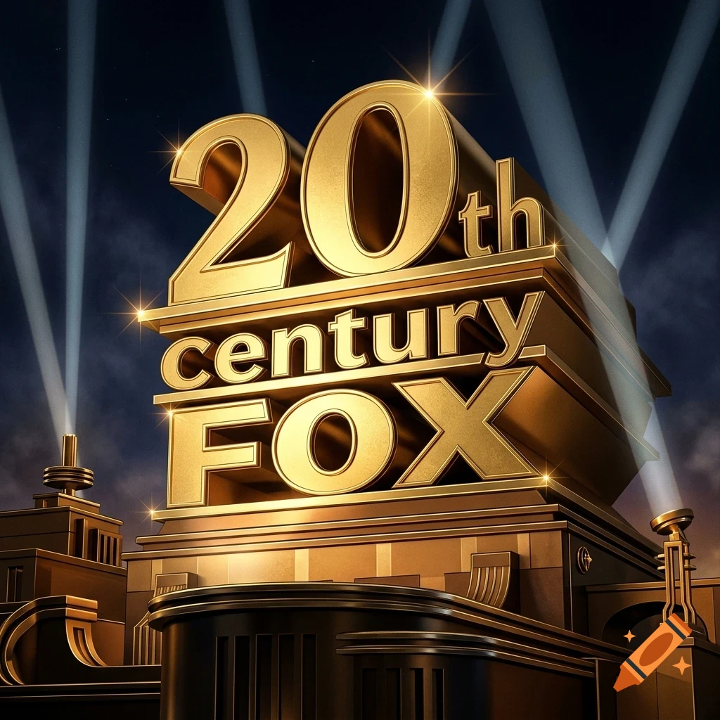 The golden 20th Century Fox logo structure illuminated by searchlights against a dark sky.