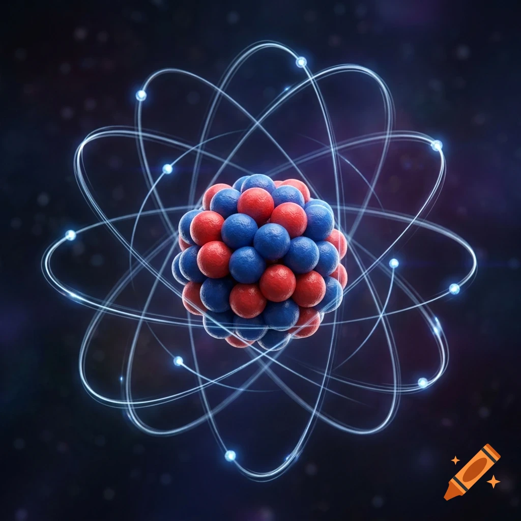 A detailed 3D rendering of an atom featuring a nucleus of red and blue protons and neutrons, surrounded by glowing orbital paths with electrons.