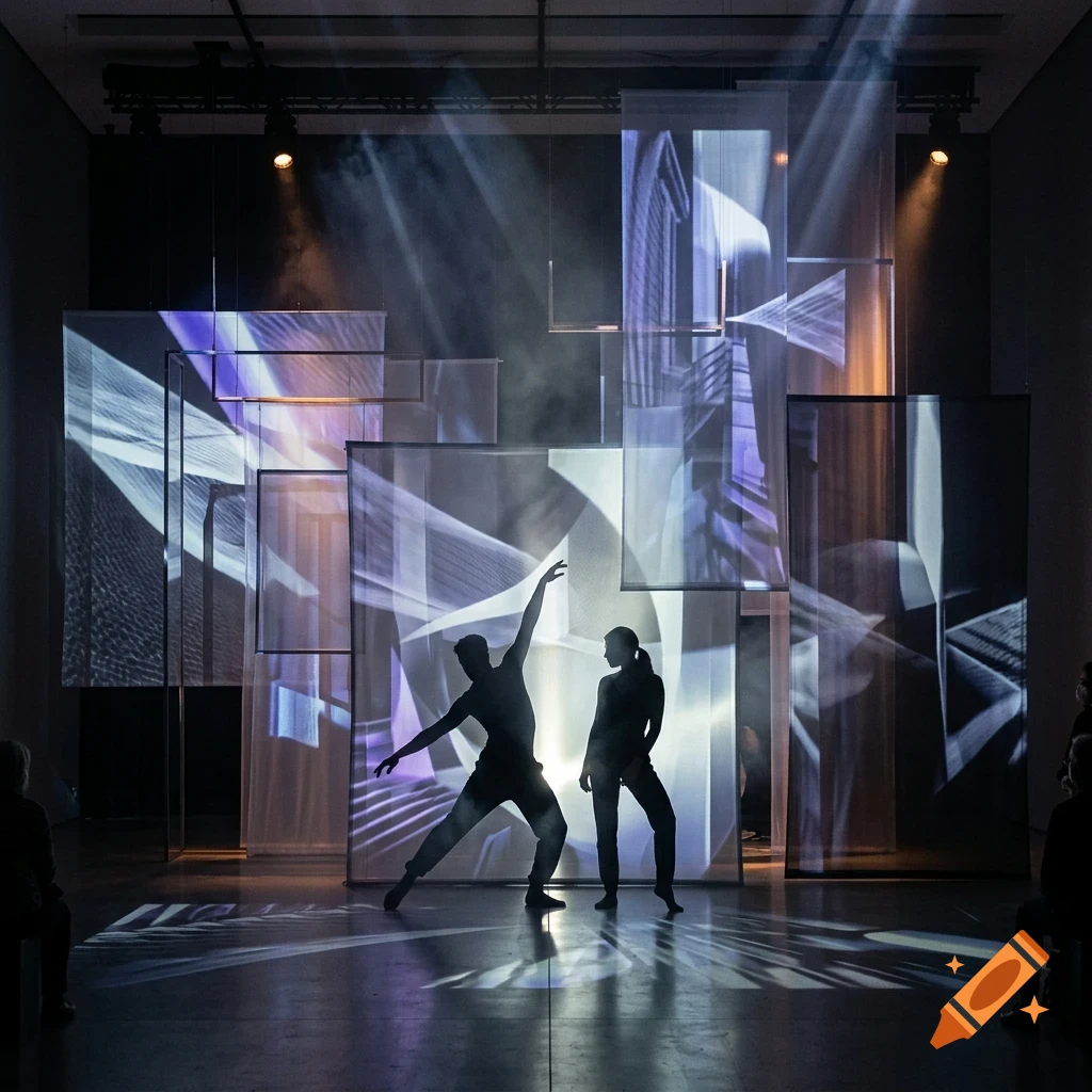 A photograph of two dancers silhouetted against a backdrop of translucent panels illuminated by projector lights.