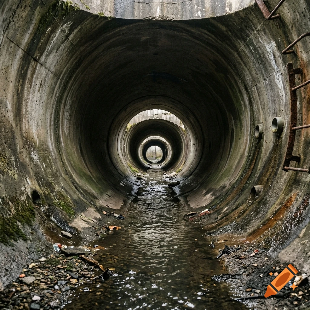 A symmetrical view down a series of large, cylindrical concrete drainage pipes with water flowing at the bottom.