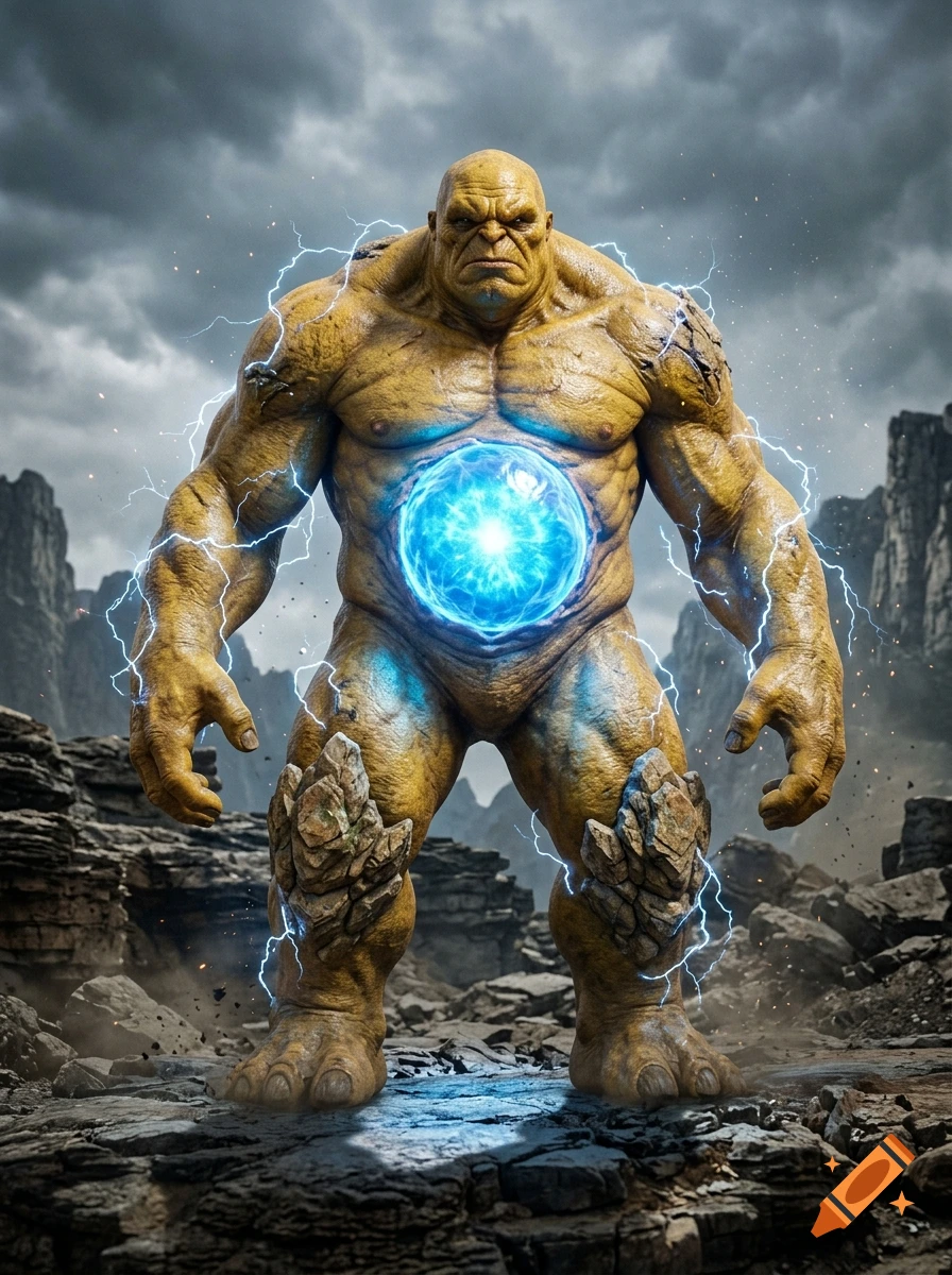 A giant yellow monster with rocky kneecaps, glowing blue energy in its torso, and lightning bolts surrounding it in a rocky landscape.