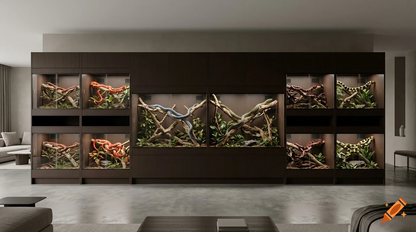 A large custom wooden snake enclosure system against a wall in a modern room, housing various snakes in illuminated glass-front terrariums.