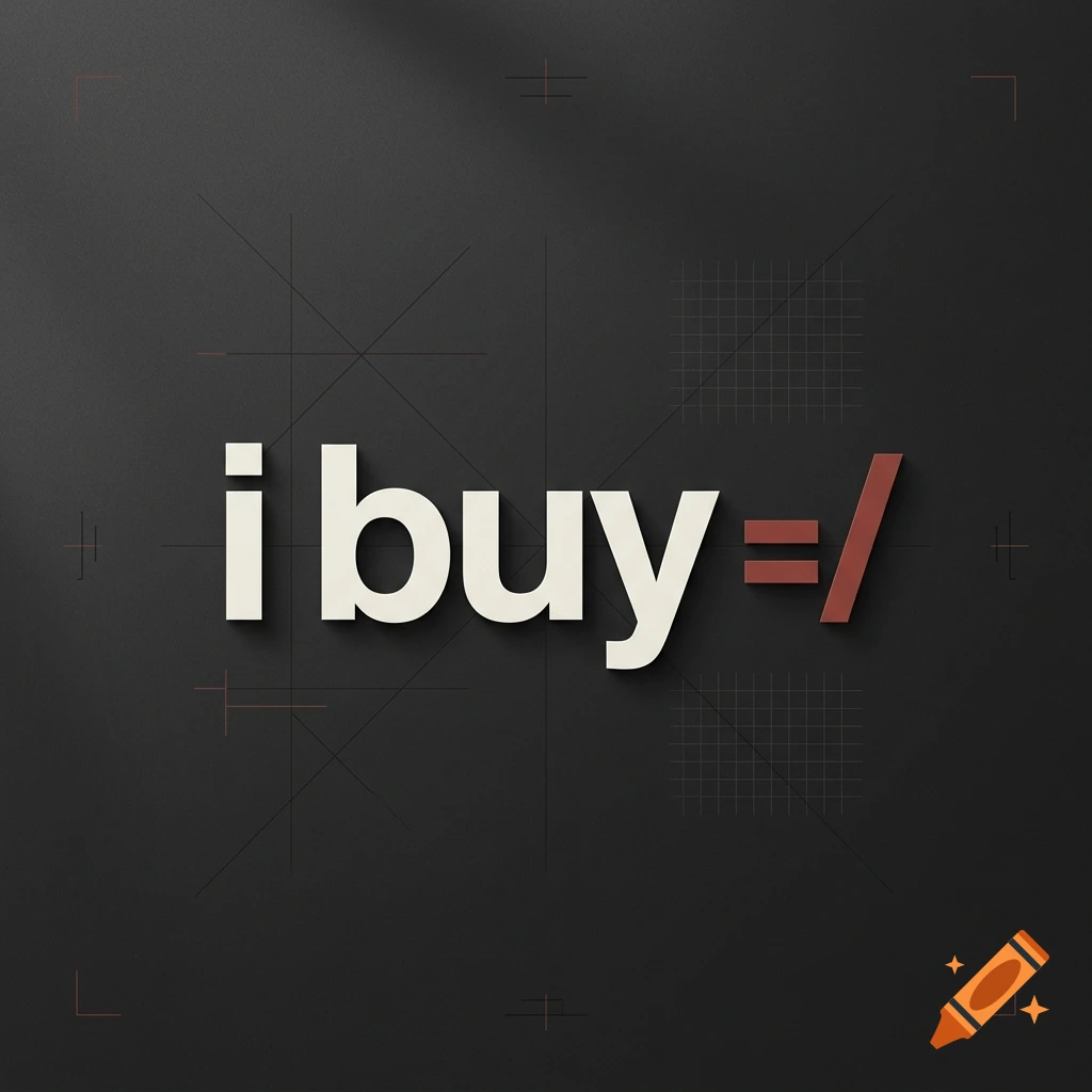 3D text reading 'i buy=/' on a dark grey textured background with grid lines.
