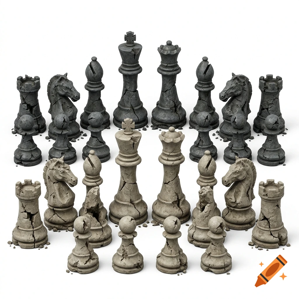 A full set of stone chess pieces showing cracks and weathering, arranged on a white background.