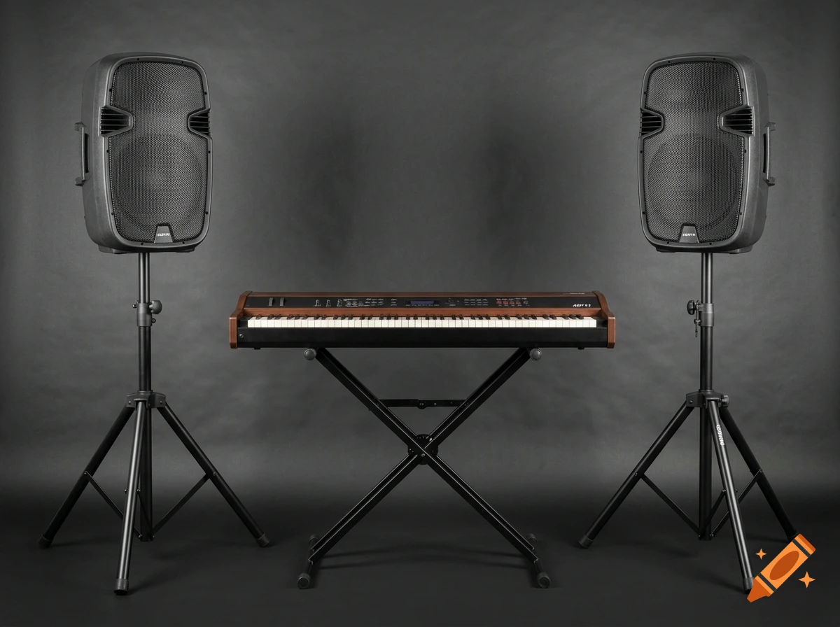 Two black speakers on stands with an electronic stage piano on a stand between them against a dark grey background.