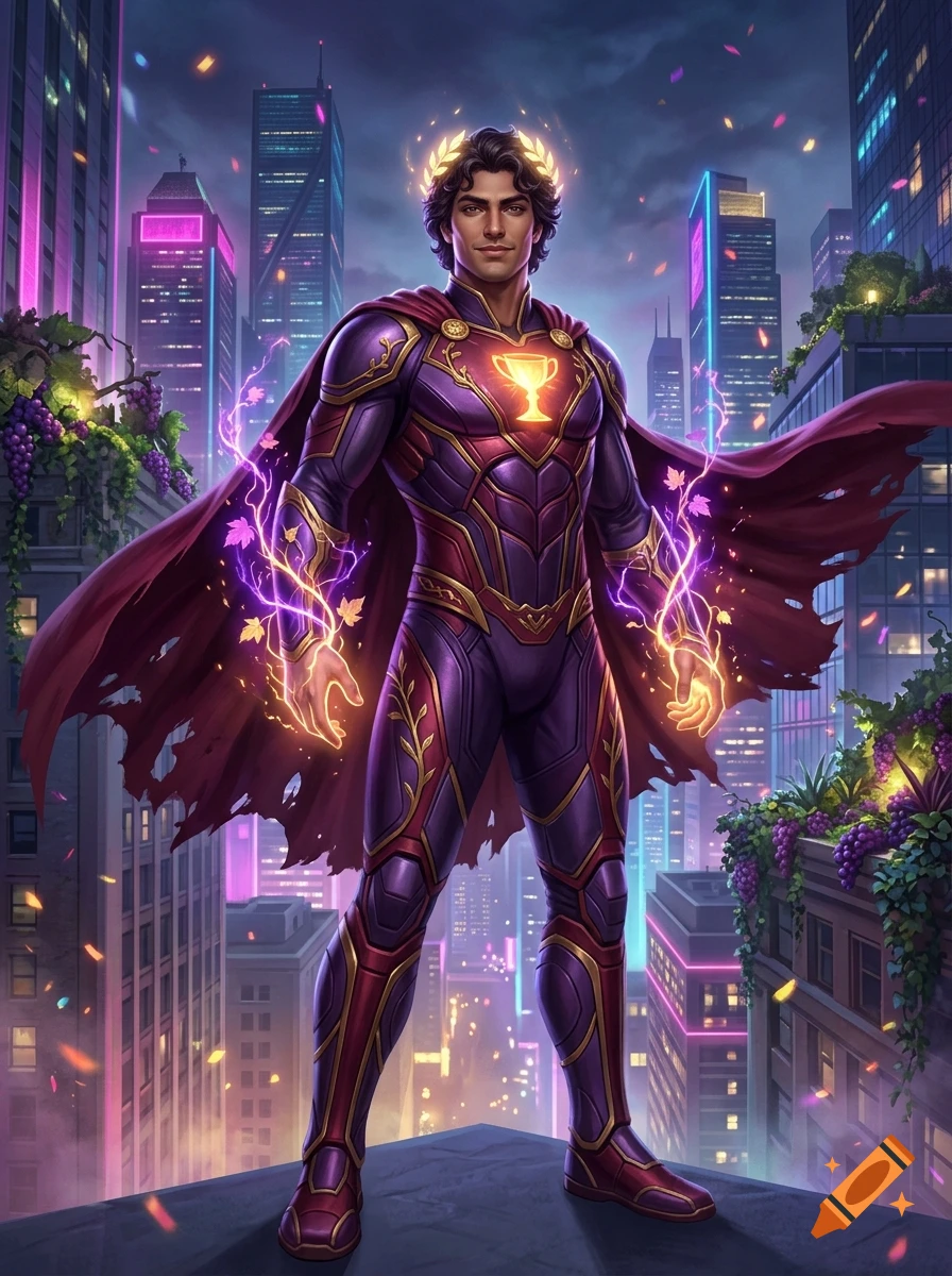 Digital illustration of Dionysus as a modern superhero wearing purple and gold armor with a cape, standing atop a city skyscraper at night.