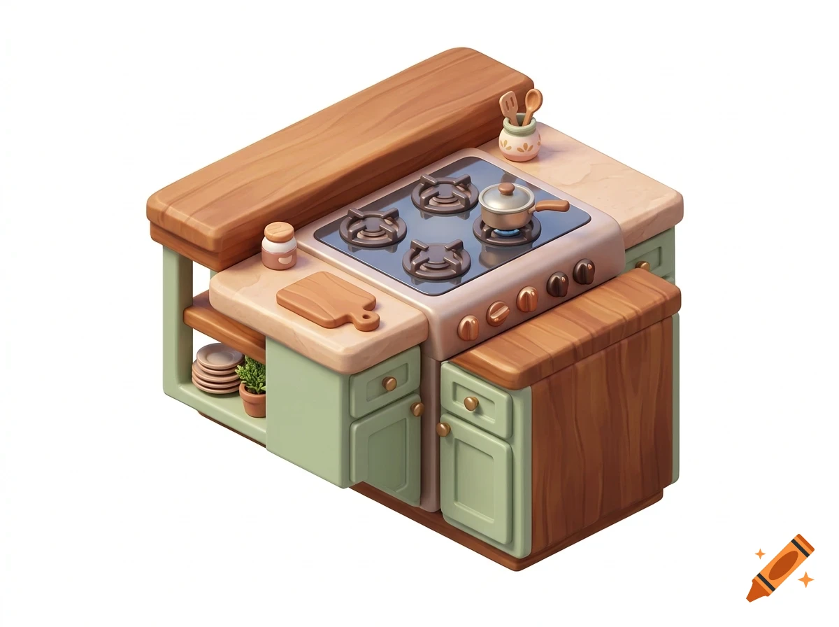 A stylized 3D model of a kitchen counter with a stove, pot, and cutting board.