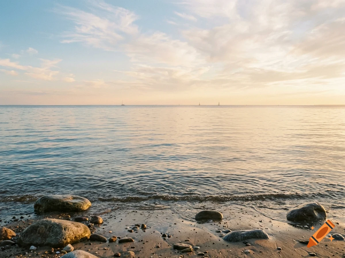 A calm ocean shore with gentle waves lapping against a pebbly beach under a softly lit evening sky.
