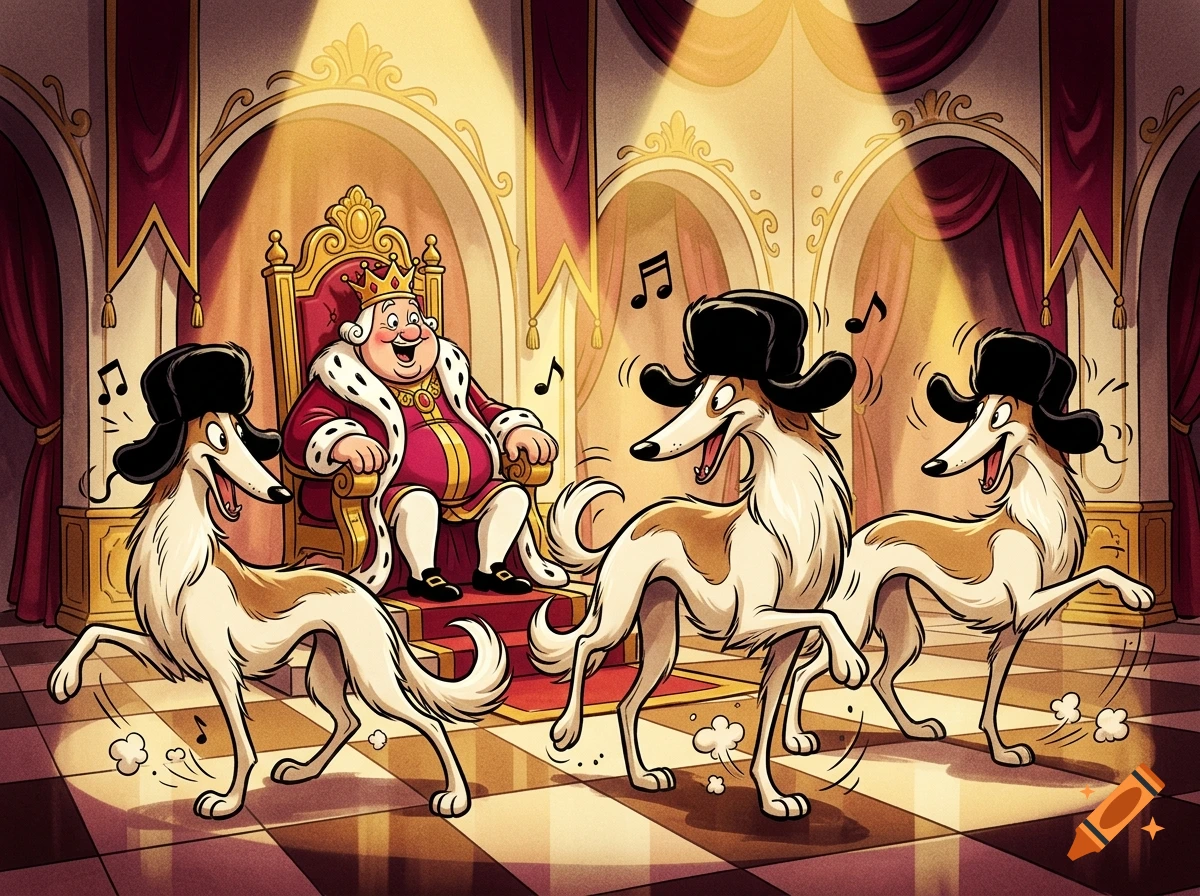 Old king sitting on a golden throne being entertained by three dancing borzois wearing ushanka hats, in the style of a 1930s cartoon.