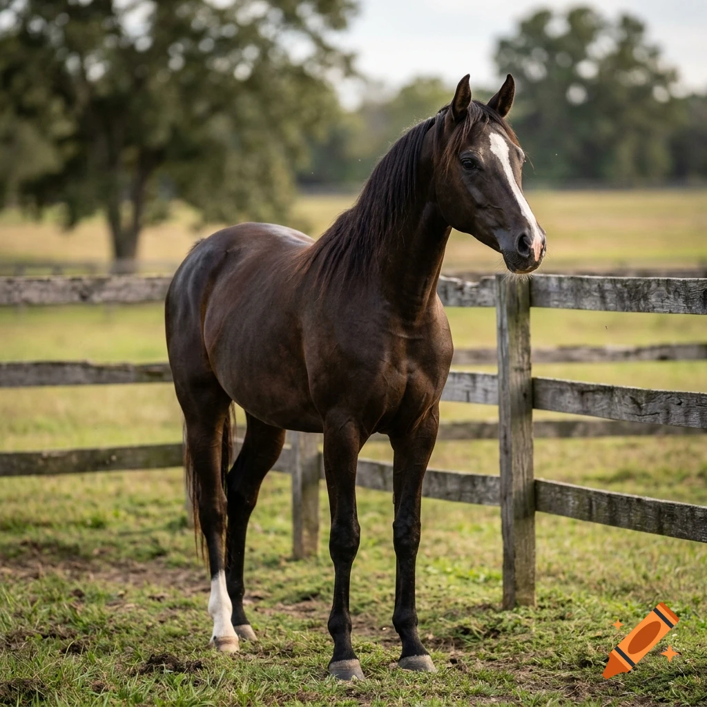 Photorealistic image of a dark brown Arabian horse standing in a grassy paddock near a wooden fence.
