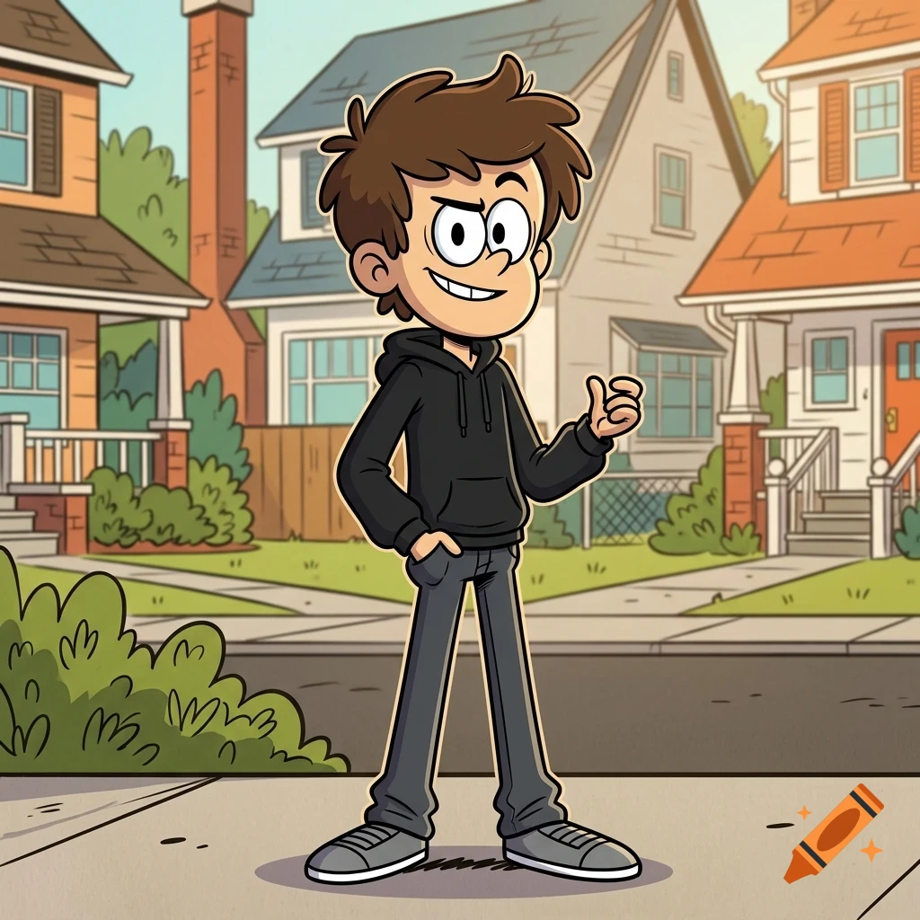 A cartoon illustration of a young boy standing on a suburban street in front of houses, wearing a black hoodie and dark pants.