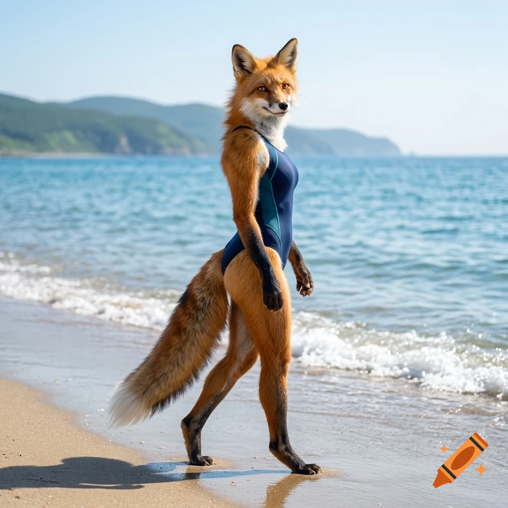 An anthropomorphic red fox wearing a blue swimsuit walks along a sandy beach near the ocean.