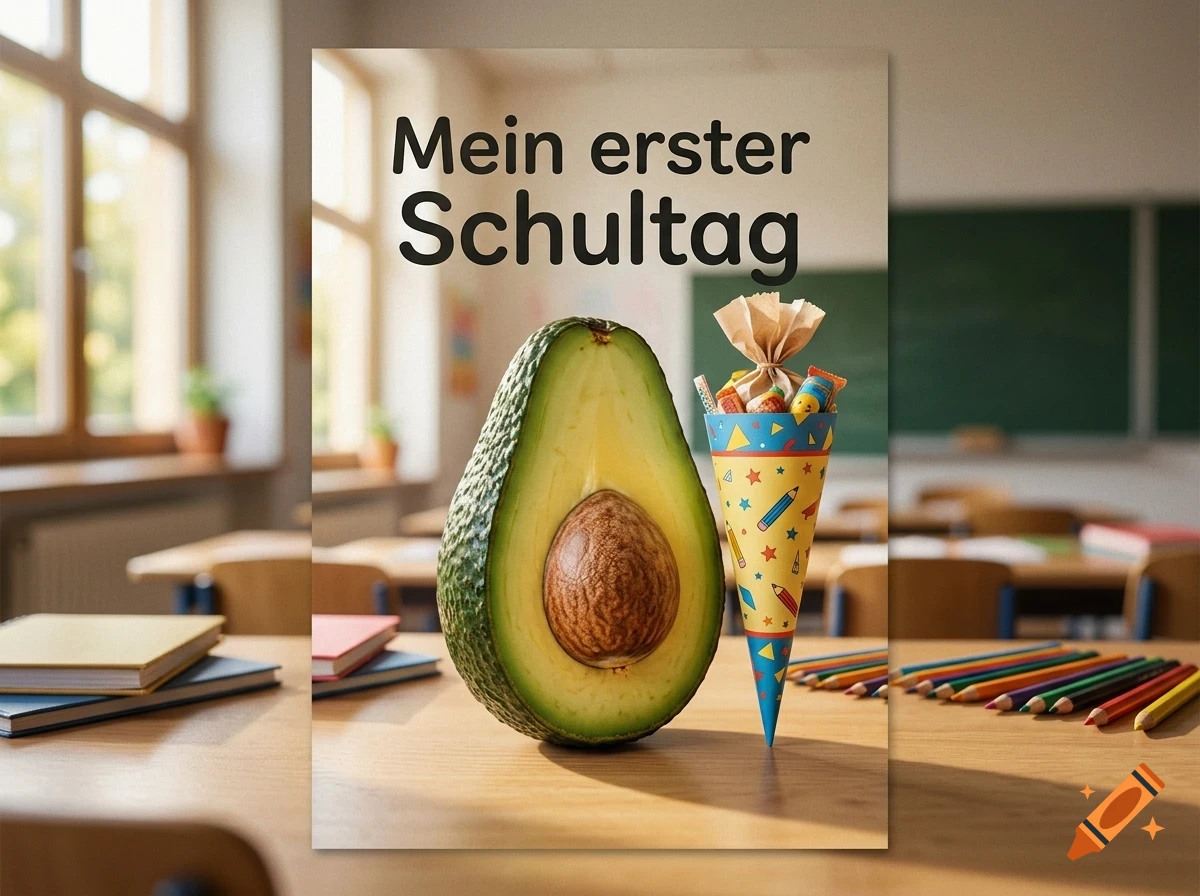 A halved avocado and a colorful school cone sit on a wooden desk in a classroom, with German text "Mein erster Schultag" at the top.