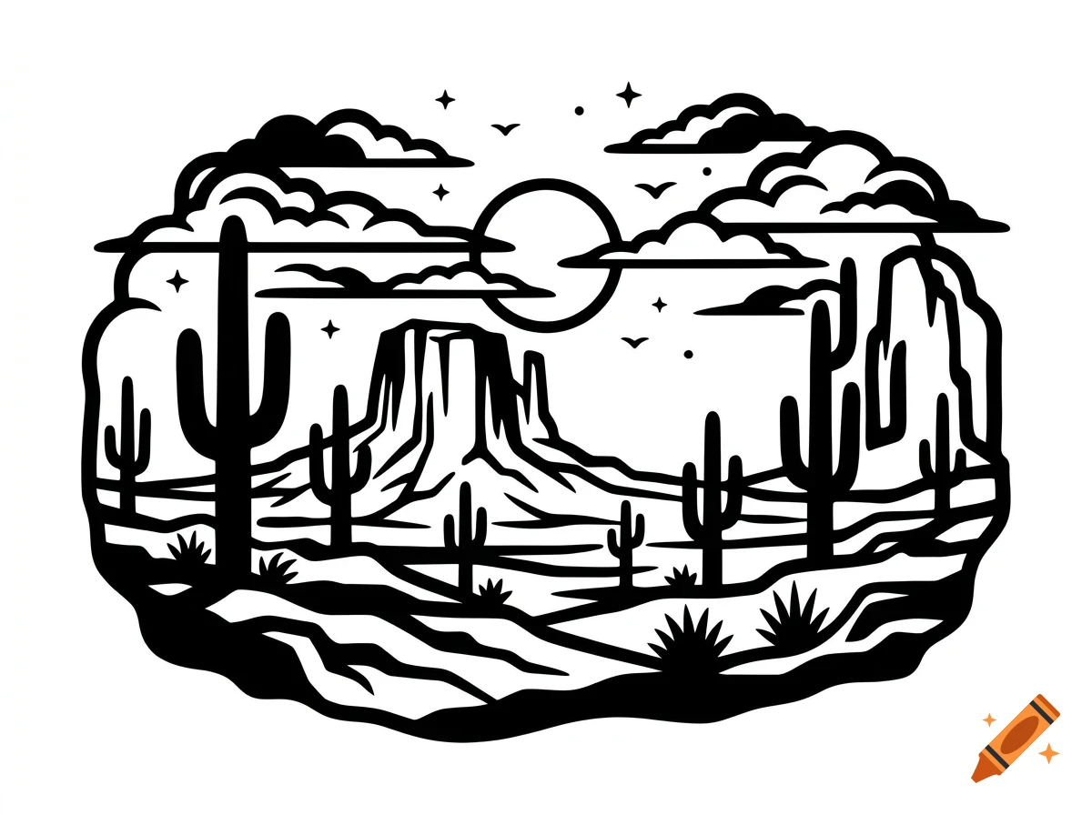 Black and white vector illustration of a desert landscape featuring cactuses, a mesa, mountains, clouds, sun, stars, and birds.