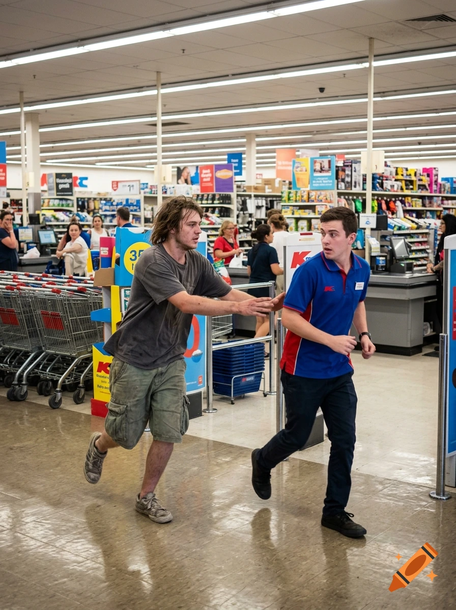 A Kmart employee in uniform chases a scruffy man wearing cargo shorts through a brightly lit supermarket aisle.