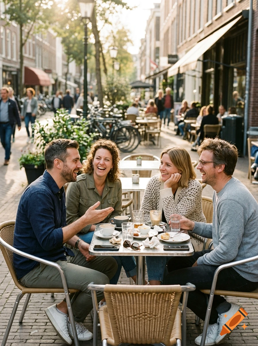 Four friends laughing and talking together at an outdoor cafe table in a European street, photorealistic.