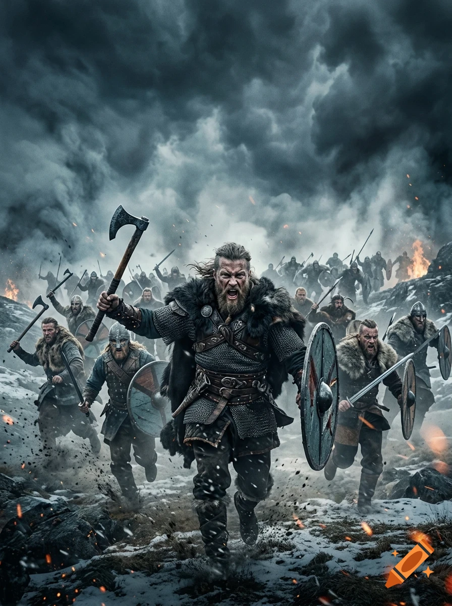 A fierce Viking warrior with a beard leads an army of charging warriors holding axes and shields through a snowy landscape under a stormy, cloudy sky.