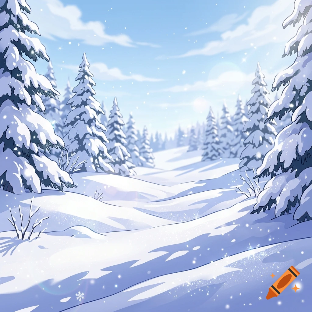 An illustrated winter landscape with snow-covered pine trees and rolling snowy hills under a pale blue sky.