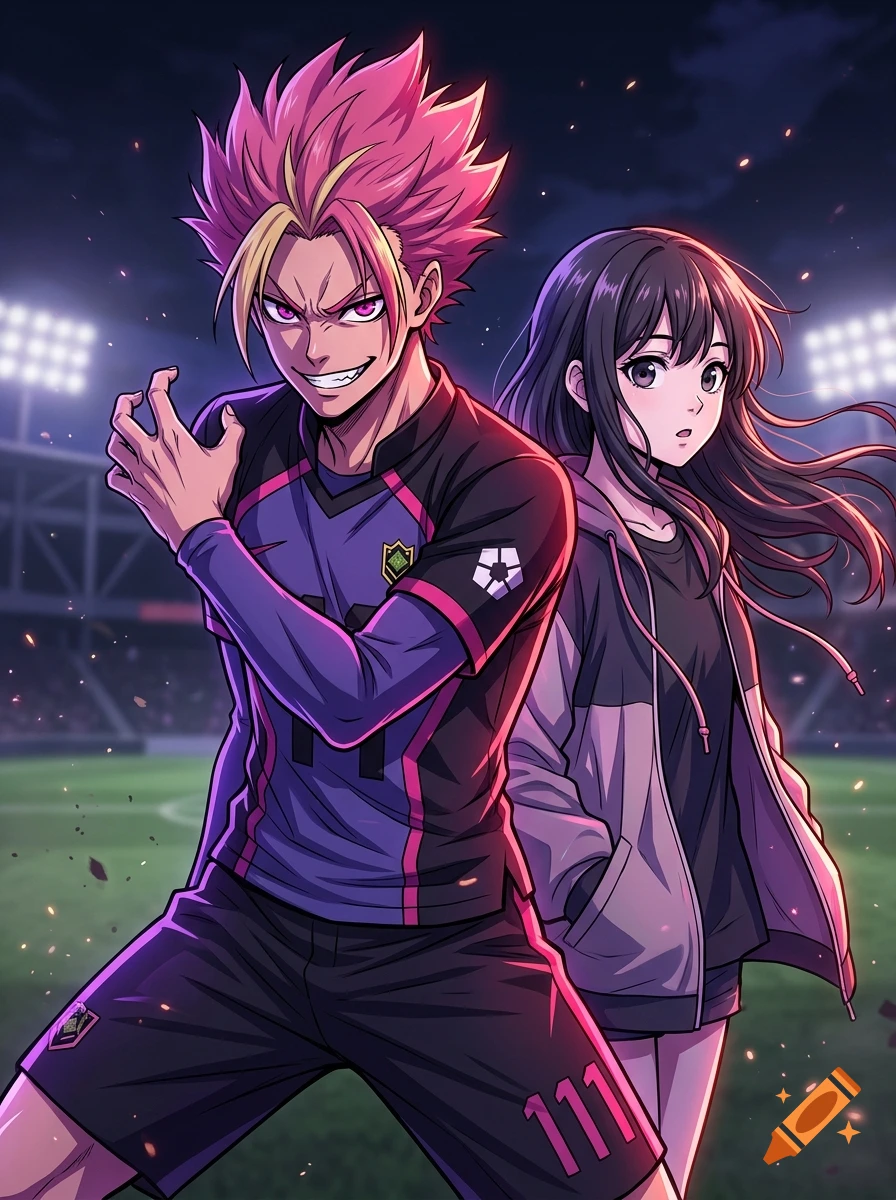 Anime style illustration of a male soccer player with pink spiky hair and a girl standing in front of him on a stadium field at night.