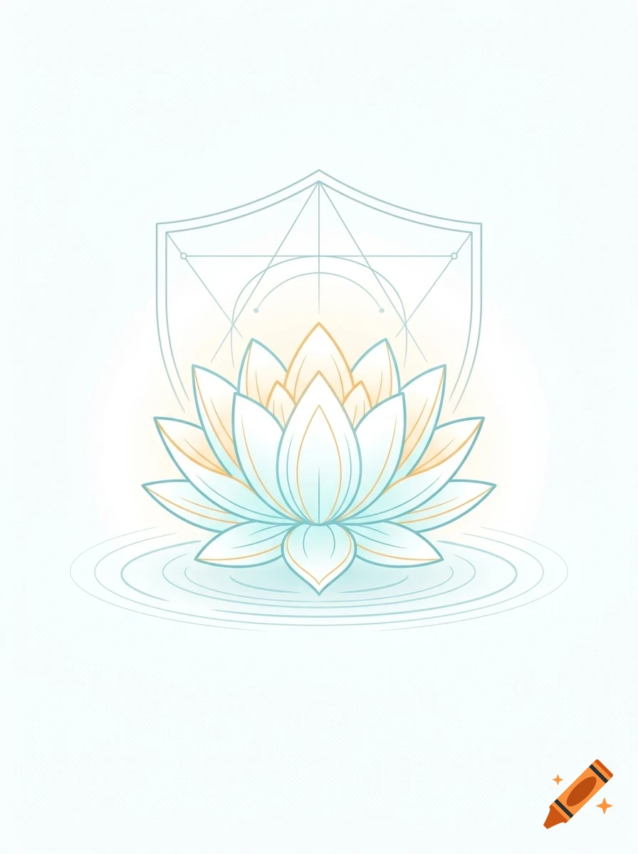 An illustrated lotus flower resting on ripples of water, with geometric line art and a shield shape in the background, rendered in soft blue and yellow tones.
