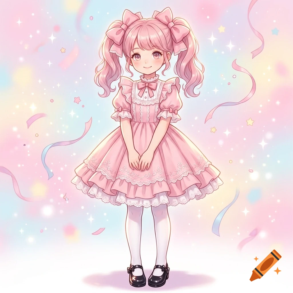 An anime-style illustration of a smiling young girl with pink twin tails and bows, wearing a frilly pink dress against a pastel background with sparkles and streamers.