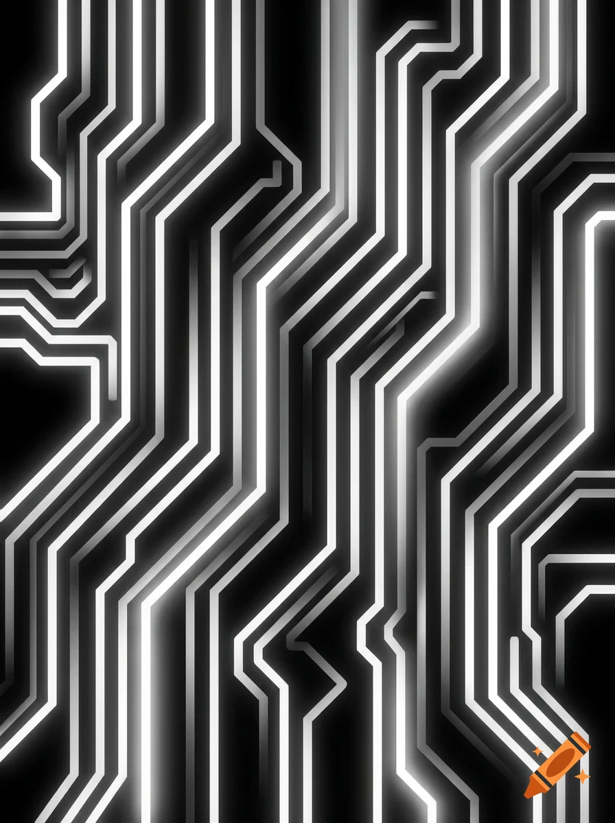 An abstract high-contrast monochrome design featuring glowing white circuit board traces and pathways on a solid black background.