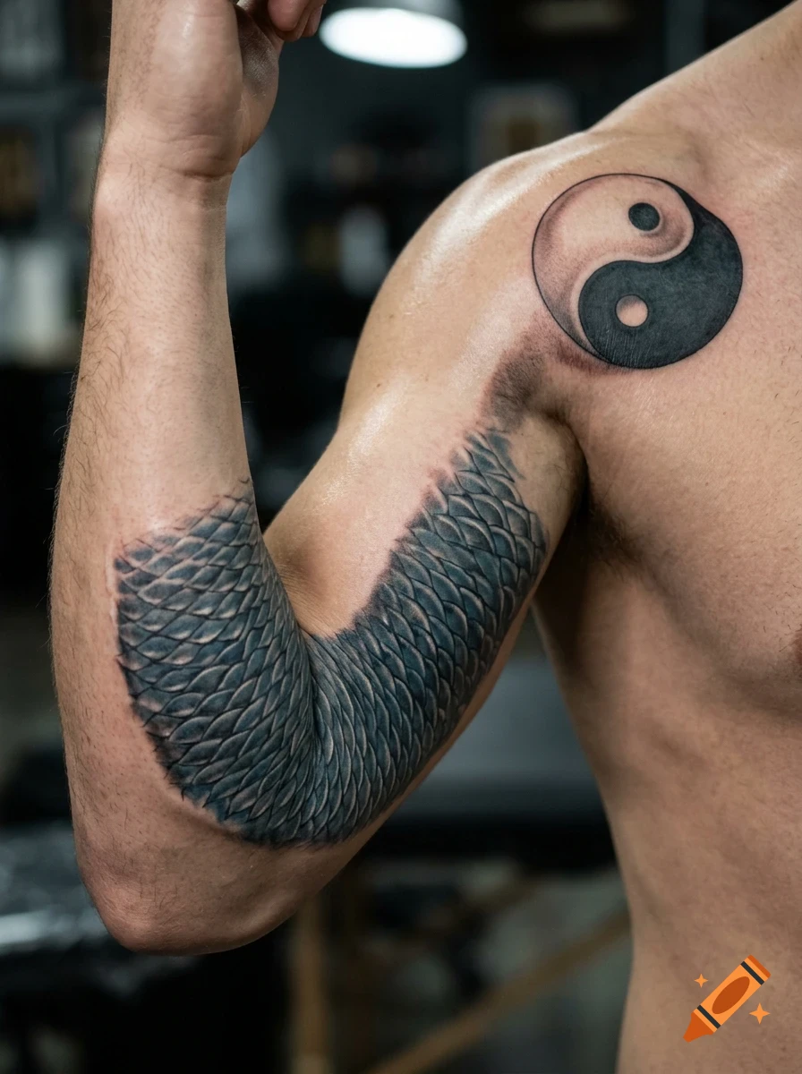 A close-up shot of a person's shoulder and bicep showing tattoos of a yin-yang symbol and dragon scales.