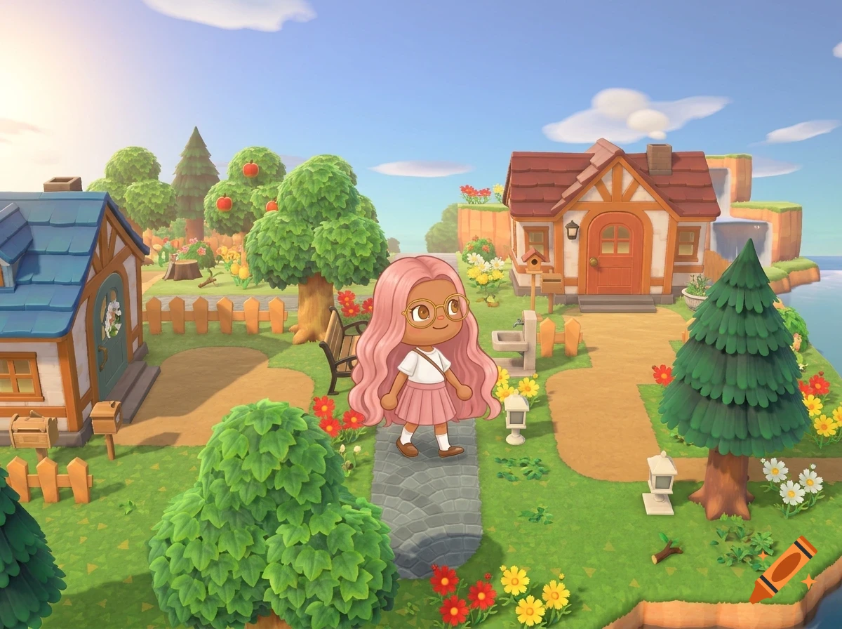 An avatar with long pink hair and glasses walks along a stone path in an island village featuring houses, trees, and flowers under a sunny blue sky.