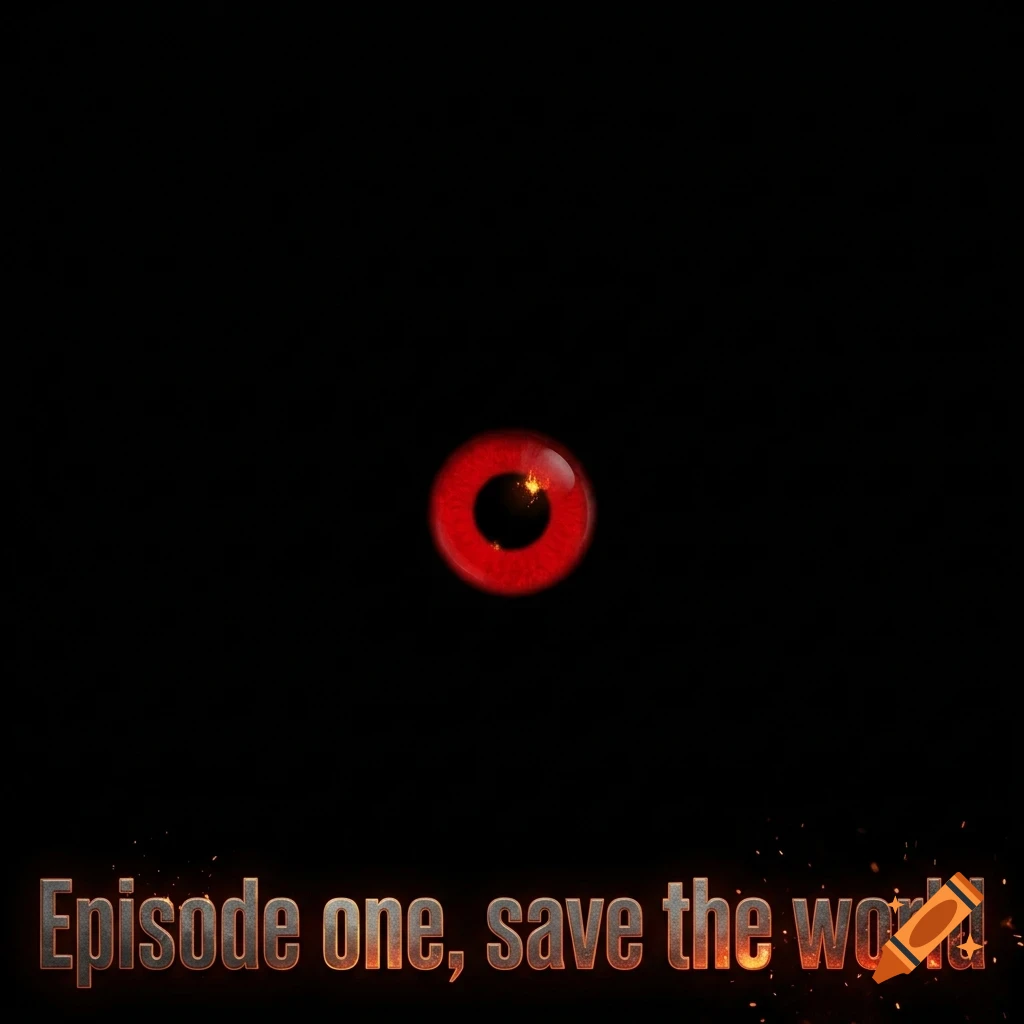 A glowing red eye centered against a black background with fiery embers and text at the bottom.