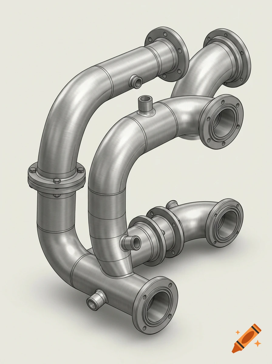 Technical illustration of complex bent metal pipes with flanged connections and welded branches against a light background.