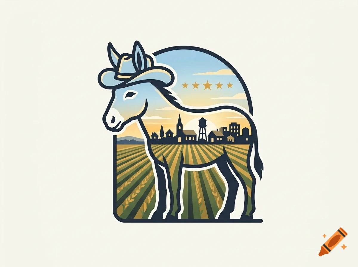 A stylized vector illustration of a donkey wearing a cowboy hat, with a rural town and farm fields depicted inside its silhouette.