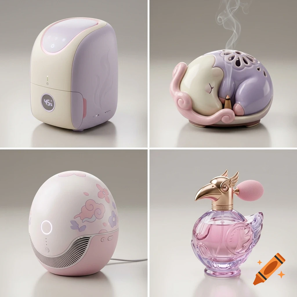 Four-panel product showcase displaying a pastel-colored appliance, an incense burner, a spherical device, and a bird-shaped perfume bottle.