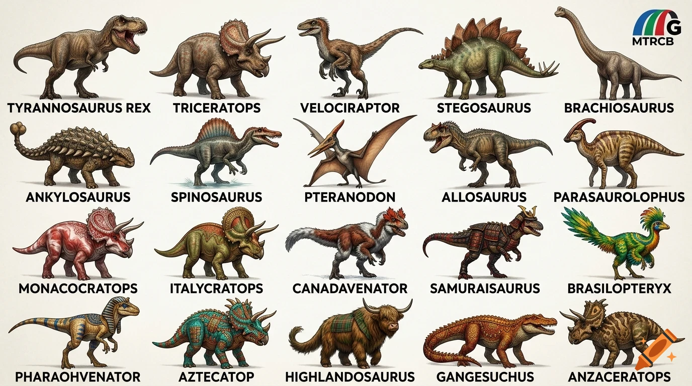 An educational chart displaying various dinosaur species labeled with their names.