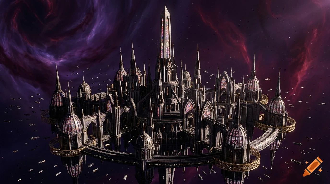 A sprawling gothic city with soaring spires and domed structures floats in outer space against a backdrop of deep purple nebula clouds.