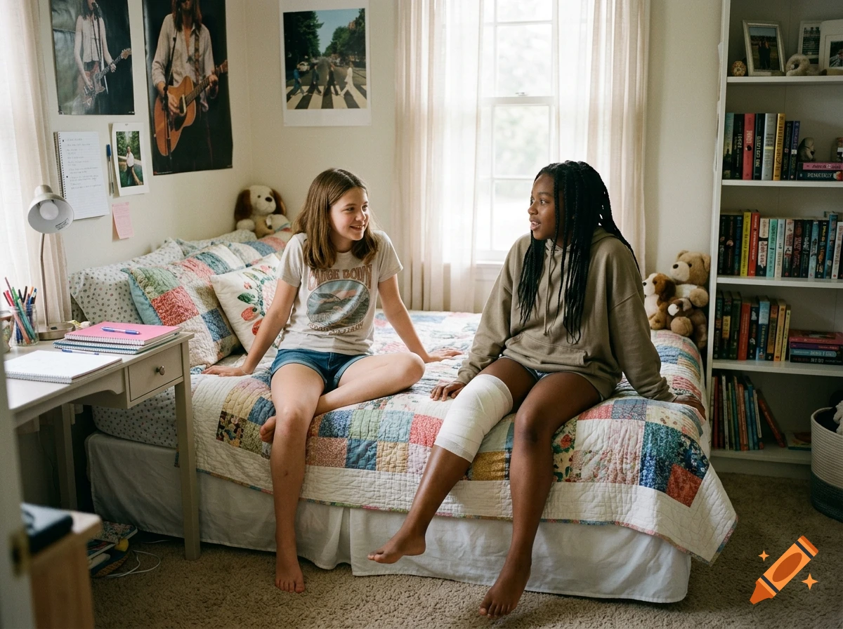 Photorealistic image of two young girls sitting and talking on a bed in a bedroom, one with a bandage on her knee.
