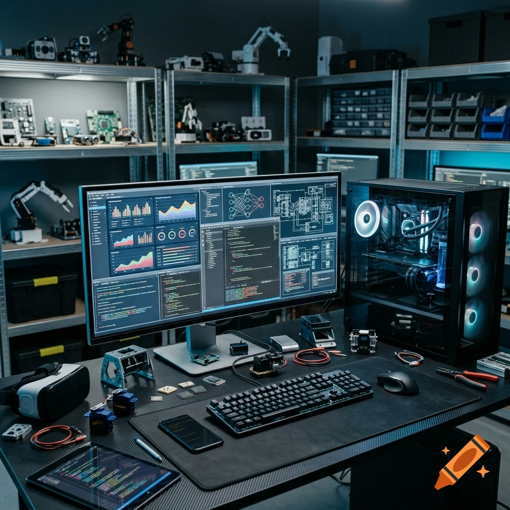 Photorealistic image of a high-tech computer setup with multiple monitors showing code, graphs, and circuit diagrams in a workshop.