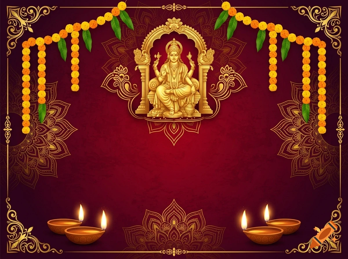 A festive Indian background with a central golden deity figure, marigold garlands, lit diyas, and traditional mandala patterns on a dark red textured background.