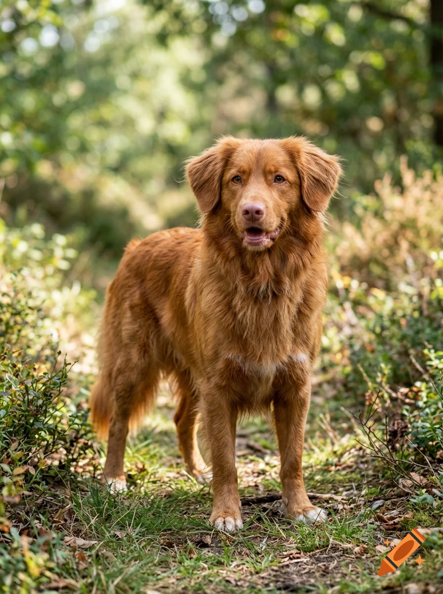 A fluffy, reddish-brown dog standing alert on a forest floor path surrounded by green foliage.