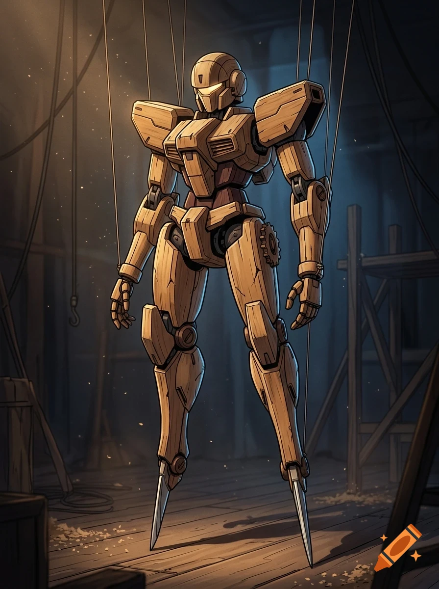 A wooden marionette robot hanging by strings in a workshop.