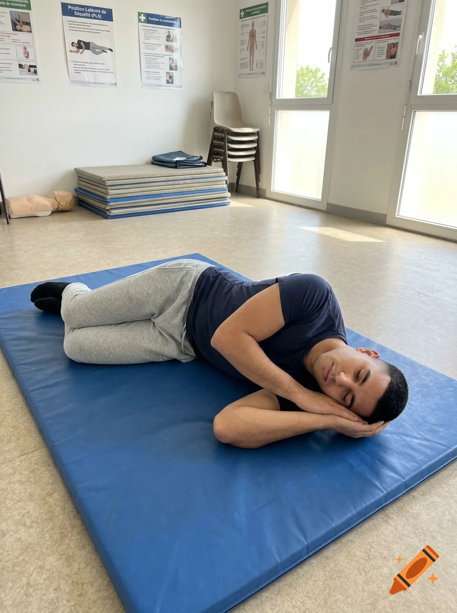 A man lying in the recovery position on a blue mat inside a room during a first aid training session.